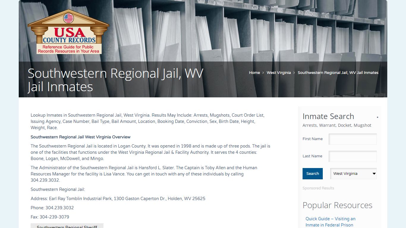 Southwestern Regional Jail, WV Jail Inmates | Name Search